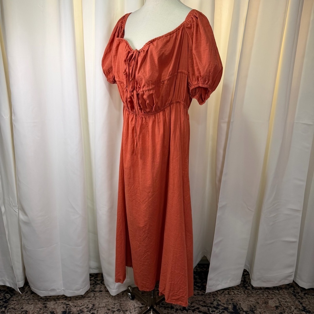 NWOT SHEIN Burnt Orange Tie-Bust Puff-Sleeve Cotton Gauze Milkmaid Dress Size 4X - Picture 4 of 16